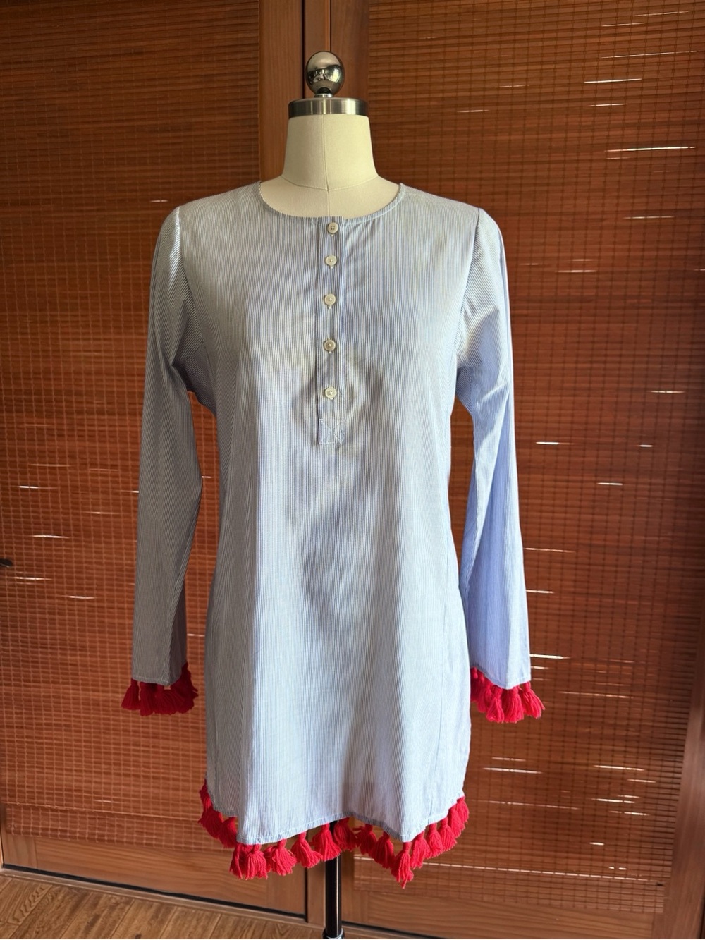 Tory Burch Light Blue White Striped Tunic Beach Coverup Dress with Red Tassel XS - Picture 3 of 8
